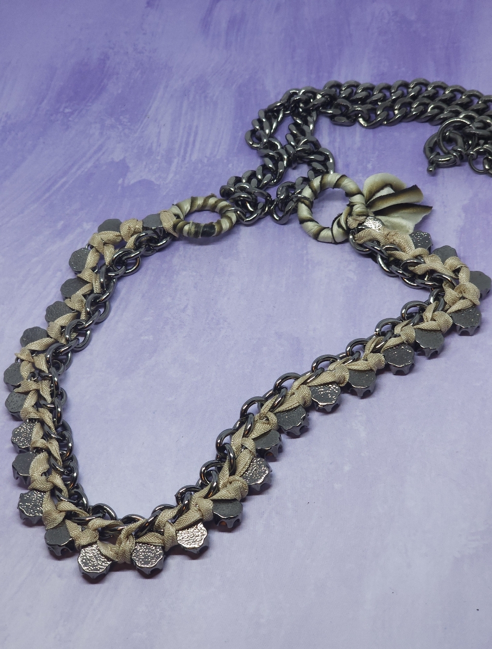 J.Crew Gunmetal Tone Chunky Chain Taupe-colored Ribbon Long Necklace - Picture 8 of 8